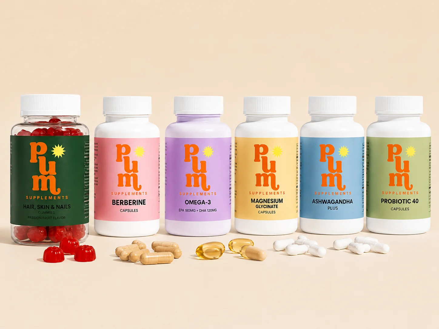 The full Plum Supplements lineup of six bottles with capsules, softgels, and gummies