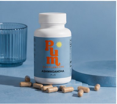 Plum Supplements Ashwagandha Plus bottle with KSM-66 root extract capsules