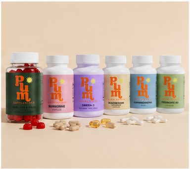 The six Plum Supplements bottles lined up with labels facing forward