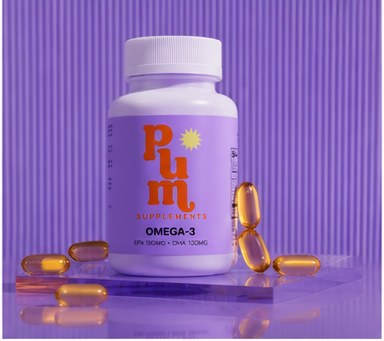 Plum Supplements Omega-3 fish oil softgels beside the bottle